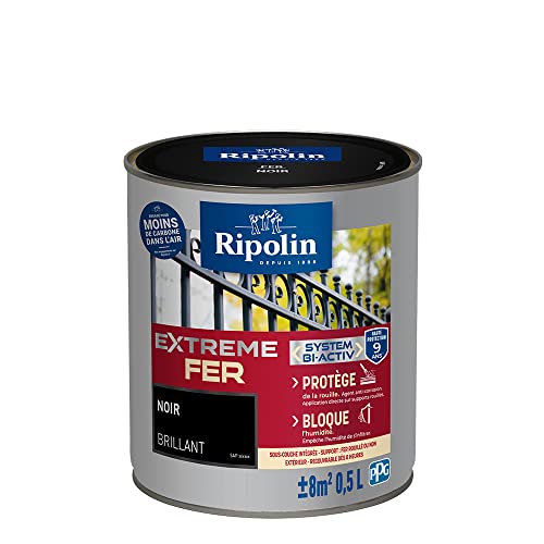 RIPOLIN - Peinture pour Fer Extérieur - Glycéro Antirouille - Sans sous-couche directe sur rouille - Résistante aux Intempéries, UV et Chocs - Brillant - 0,5L - Noir