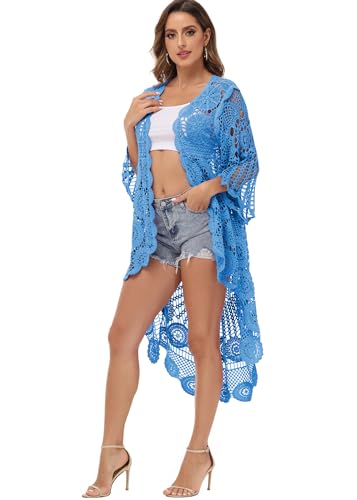 Image of Anna-Kaci Women's Crochet Long Vest Boho Short Sleeve Kimono Cardigan Swimwear Cover up