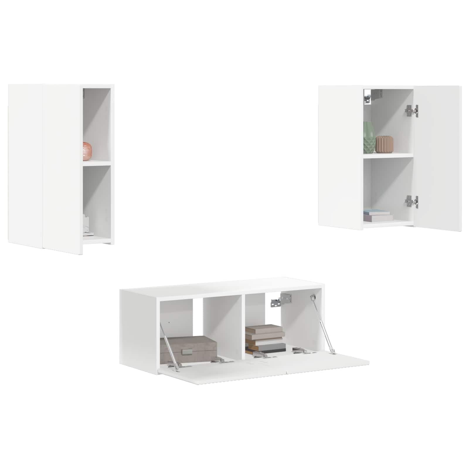 Mueble para TV montado en la pared, 6 piezas, color blanco, de madera resistente, mueble bajo moderno para sala de estar, zona de entretenimiento, gran espacio de almacenamiento