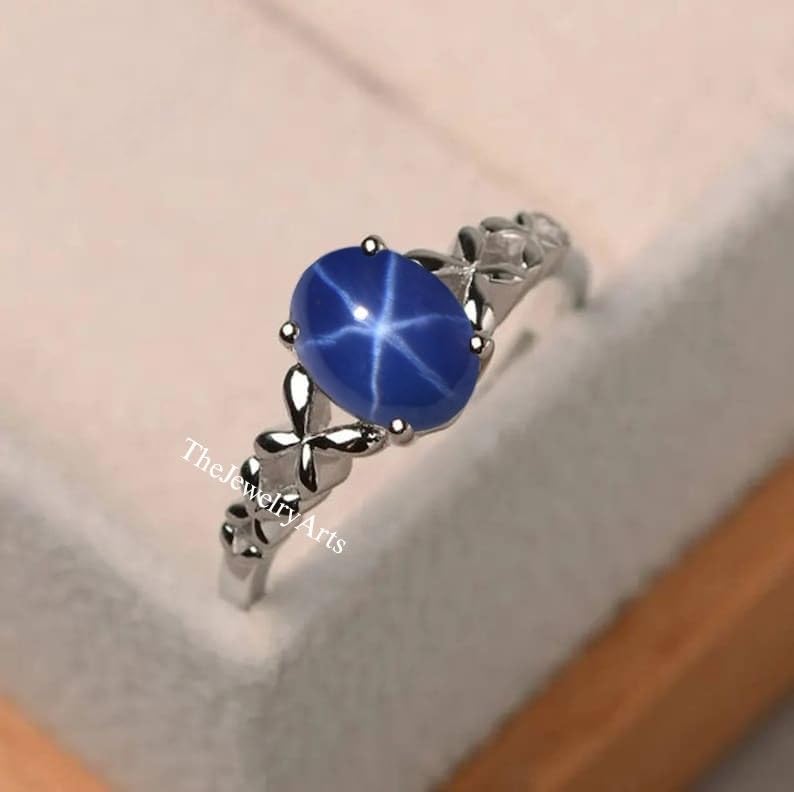 Blue Star Sapphire Engagement Ring, Cornflower Star Sapphire Gemstone, 925 Sterling Silver, Blue Star Design, Promise Ring For Her3