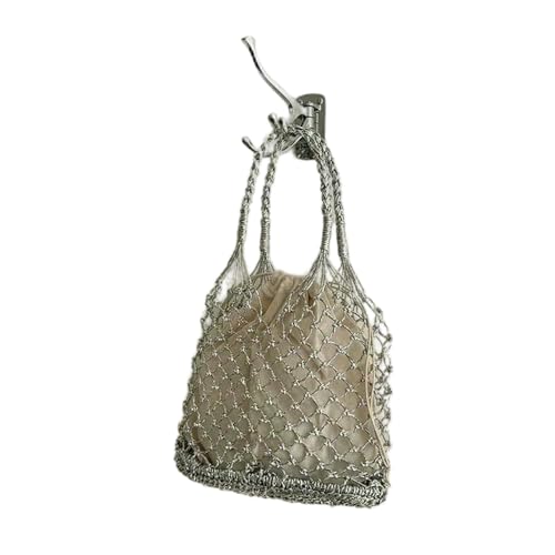 Sac à main en forme de seau tendance pour femme avec tissage métallisé