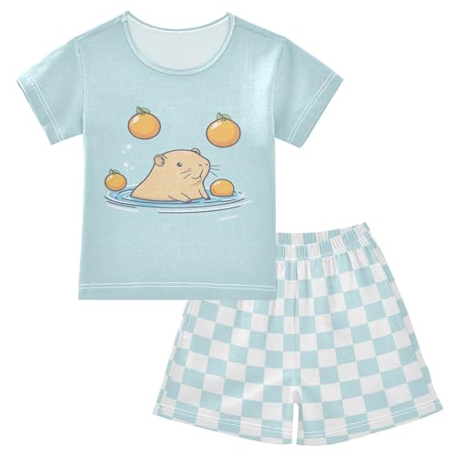 Checkerboard Plaid Capybara Oranges Pajama Set Short Sleeve Sleepwear Soft Pajamas Shorts Sets Cotton PJS 5Y