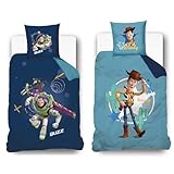 Disney - Funda nórdica reversible Toy Story - Recto Buzz Lightyear - Verso Woody - 140x200 cm + 1 funda de almohada - 100% Algodón - Azul