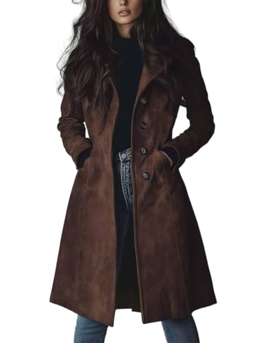 utcoco Womens Long Suede Leather Single Breasted Trench Coat with Pocket (Large, Dark Brown)