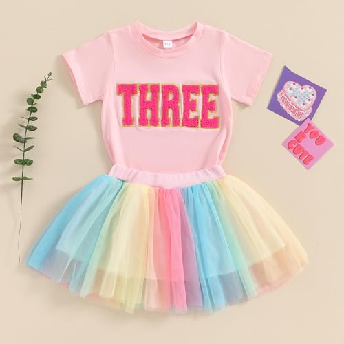 Image of Toddler Girl Birthday Outfit 2 /3 /4 /5 /6 Print Short Sleeve Shirt 2nd /3rd /4th /5th /6th Tutu Skirt Summer Clothes