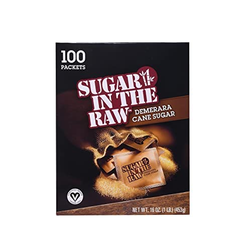 Sugar In The Raw Granulated Turbinado Cane Sugar On The Go Packets, Pure Natural Sweetener, Hot & Cold Drinks, Coffee, Cooking, Baking, Vegan, Gluten-Free, Non-GMO, 100 Count Packets (1-Pack)