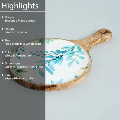 Image of SAAGA White and Aquamarine Mango Wood Pizza Serving Tray - Stylish Round Snack Plate (15x10 Inch) for Kitchen, Home, Cafes & Restaurants