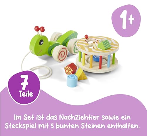 Eichhorn 100002231 NachziehStecktier, mit 4 versch. Steckbausteinen, Birkenholzspielzeug mit Bewegung, für Kinder ab 1 Jahr, Größe: 15x24x19,5cm