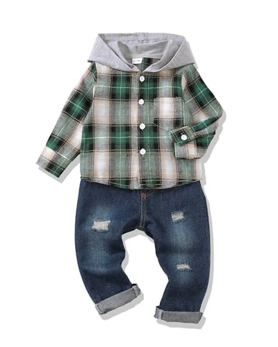 Image of Renotemy Toddler Baby Boy Clothes Denim Outfits Infant Hooded Sweatshirt Jeans Pants Little Boys Clothing
