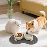 Hundenapf Keramik, 400ML Doppel Futternapf Hund, mit Bambus Ständer und Rutschfestem Matte, Keramik Futternapf Katze, Erhöhter Futternapf Set, Fressnapf Hund für Kleine Bis Mittlere Hunde (Grau)