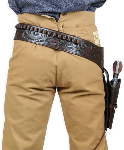 Western Gun Belt and Holster for Men Full Grain Buff Leather Tooled – Fits .44/.45 Cal Revolvers 4" to 6.5" Barrel Length Cowboy Style