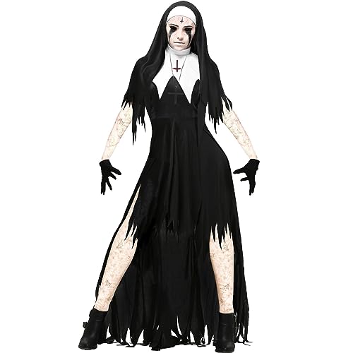 Generisch Halloween Kostüm Damen, 4 Stück Nonnenkostüm Damen Set, Kopfschmuck, Nonnen Kleid Schwarze, Handschuhe und Kreuz Anhänger Halskette,...