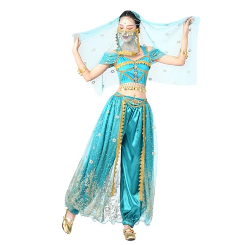 MUNAFIE Jasmin Kostüm Frauen Bauchtanz Kostüm Damen (Oberteil + Hose + Kopfschleier + Gesichtsschleier + Armband) Prinzessin Kostüm XL-grün