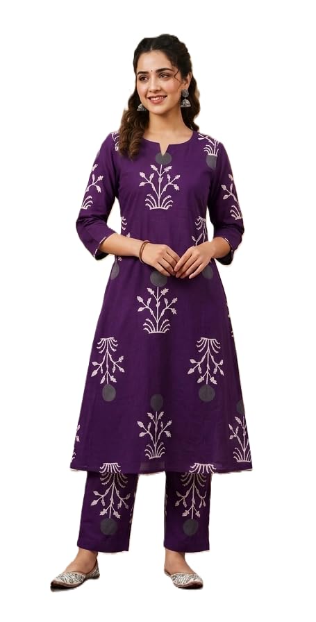 Image of CREATION & YOU Women's Pure Cotton Floral Printed Kurta with Palazzo Pants | Ethnic Set | Kurti Set for Women | Cotton Cord Set for Women