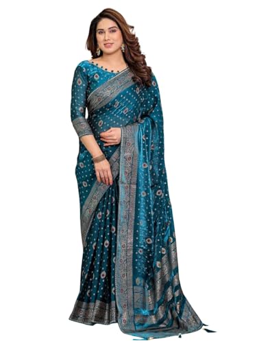 Image of ALMAARI FASHION Fendy Satin Foil Print Floral Saree with Tassels, Traditional Butti Motifs, 5.5m with 0.8m Blouse (FOIL 102 RAMA H)
