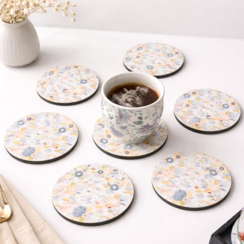 Image of Zesta Coasters for Cups Set of 6 / Wooden Coasters for Bar Accessories for Home /Tea Coaster Set of 6 / Waterproof Dining Table Decor Glass Cover (Pastel Floral, Circle)