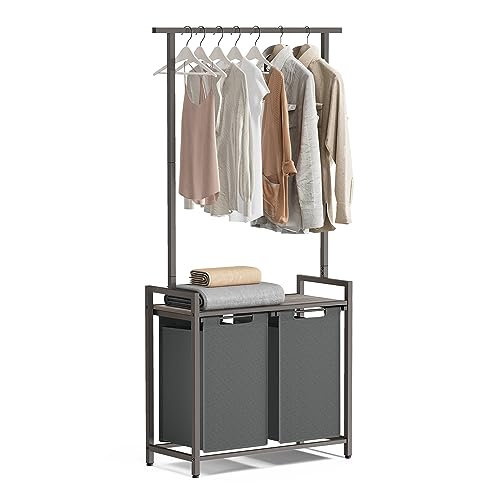 VASAGLE Laundry Sorter, Laundry Hamper 2 Section with Clothes Rack, Pull-Out and Removable Laundry Basket with Shelf, 28.7 x 13 x 69.7 Inches, Rustic Brown and Black UBLH241B01 Rustic Brown
