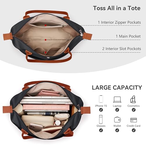 Image of Tote Bag for Women, Casual Hobo Foldable Shoulder Zipper Handbag | Water Repellent Nylon with Leather Handles Fit 15 inch Laptop for Work Weekender Travel Commute