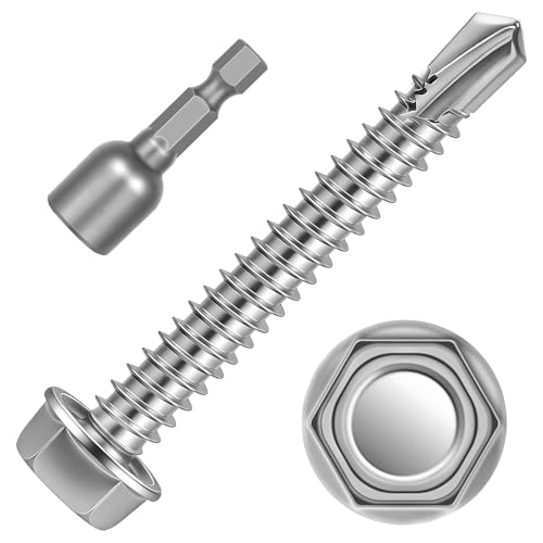 #8 x 1-1/2" Hex Washer Head Self Tapping Screws, TEK Screws, Self Drilling, Stainless Steel 410 Sheet Metal Screws, 100 PCS