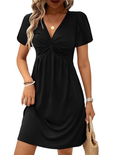 Acelitt Womens Casual Summer Twist Front V Neck Short Sleeve Mini Dress, S-XXL
