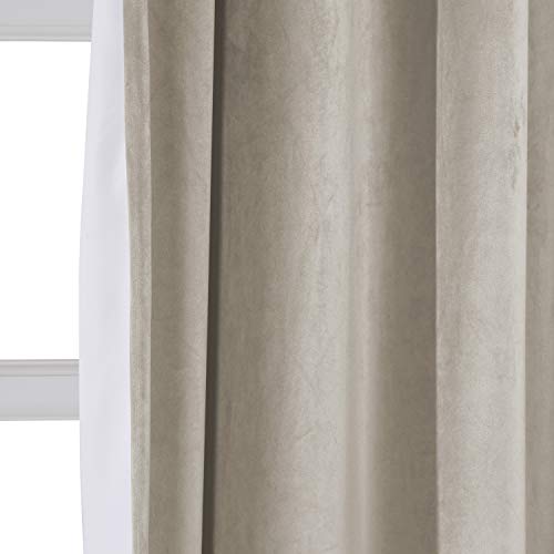 Chadmade 144 Inches Long Velvet Curtains, 2 Panels 52Wx144L Grey Beige, Rod Pocket Back Tab Hook Belt Flat Hooks Light Filtering Draperies For Ceiling Track Bay Window, Leon Collection #TOP1