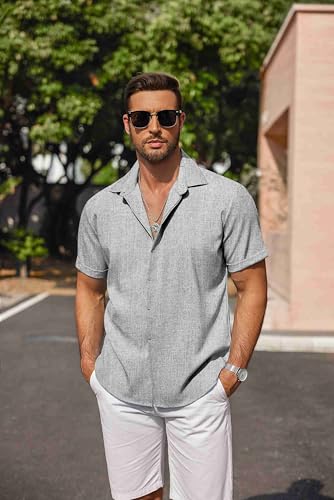 Image of COOFANDY Men's Linen Shirts Short Sleeve Casual Shirts Button Down Shirt for Men Beach Summer Wedding Shirt