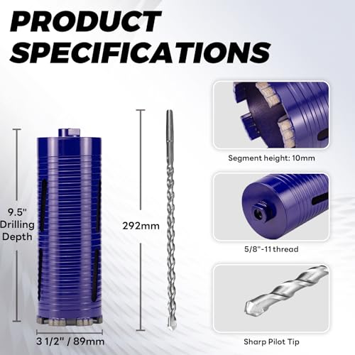 Image of 3-1 /2 inch Core Drill Bit with Pilot Bit & Adapters(SDS Plus and 1 /2 inch Hex), 5 /8 inch-11 Thread, 9.5 inch Depth, Upgraded-Welded Segments Diamond Core Bits for Concrete, Masonry, Brick Block