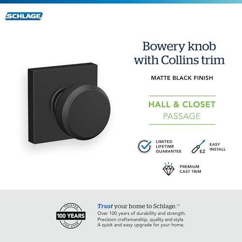 Image of Schlage F10 BWE 622 COL Bowery Knob with Collins Trim Hall & Closet Passage Door Lock, Matte Black