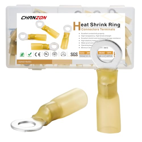 Chanzon 50pcs 1/4" Heat Shrink Ring Terminal M6 22-16AWG Yellow