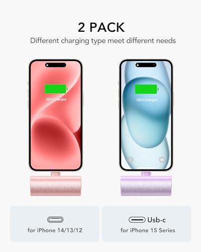 Charmast-2-Pack-Small-Portable-Charger-for-iPhone-3500mAh-Bling-Compact-Mini-Power-Bank-Cute-Portable-Phone-Charger-Purple-Compatible-with-iPhone-15-Series-Pink-Compatible-with-14131211-Series