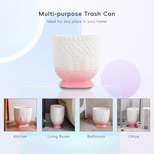 Image of Bathroom Wastebasket - Ceramic Trash Can for Home & Office, Modern Garbage Container Bin for Bathroom, Powder Room Or Living Room, Decorative Bin (Pink)