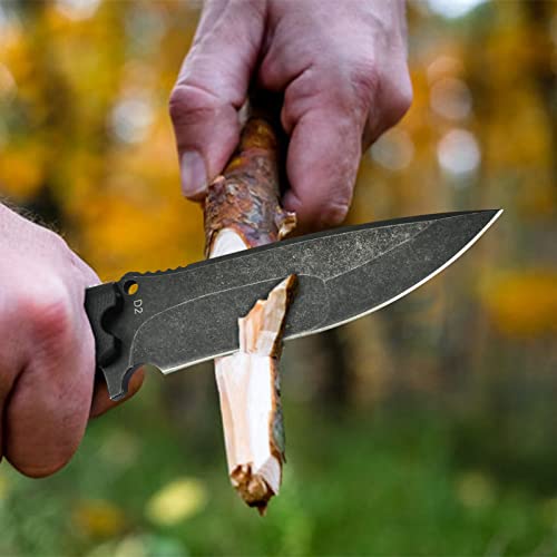 Komwero Full Tang Fixed Blade Knife With Kydex Sheath, 4.92'' Hunting Knives With Stonewash Finish D2 Steel Blade, Black G10 Handle, Gift Box - Camping Bushcraft Knife For Hiking Outdoor #TOP1