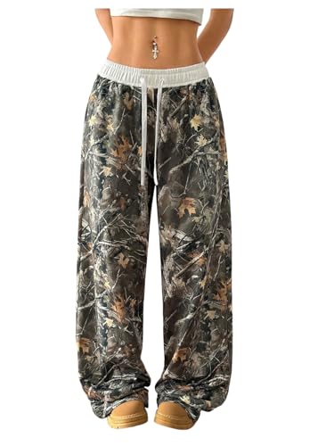 Women's Plus Size Camo Pants Wide Leg Baggy Sweatpants Y2k Drawstring Waist Streetwear Trousers