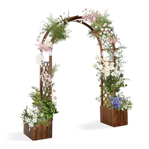 Bonnlo Rosenbogen Holz mit 2 Pflanzkasten Holzbogen Stabil und Wetterfest Rankgitter für kletternde Pflanzen Torgoben für Hochzeit Garten &Hof Rankhilfer 200 * 48 5 * 214cm Dunkelbraun