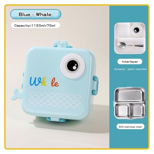 Image of YELONA 2-Layer Cartoon Shape Kids Lunch Box | Stainless Steel Inner, 3 Compartments | Airtight Leak-Proof BPA-Free Meal Box | 1120 ML + 70 ML Sauce Cup | School, Picnic Tiffin for Girls & Boys