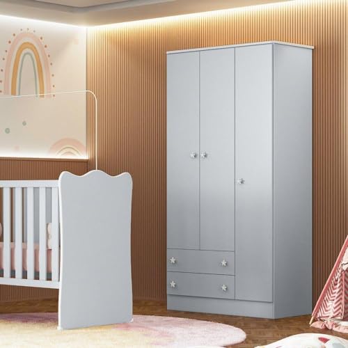Guarda-roupa Infantil 3 Portas 2 Gavetas Doce Sonho Cinza Acetinado