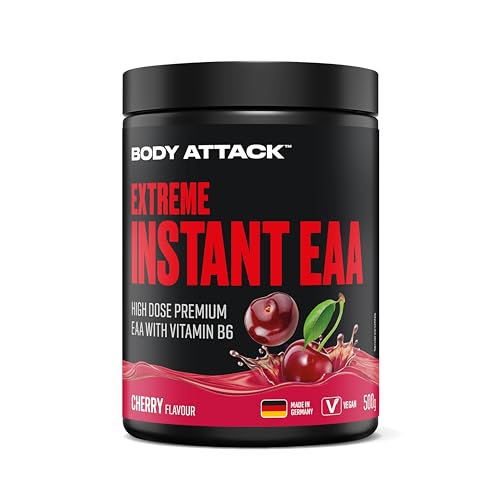 Body Attack Extreme Instant EAA Pulver - Cherry, 500 g - Vegan, Made in Germany - 8 essentielle EAA Aminosäuren für eine proteinreiche Ernährung & intensives Training - Ideale 2:1:1 Ratio