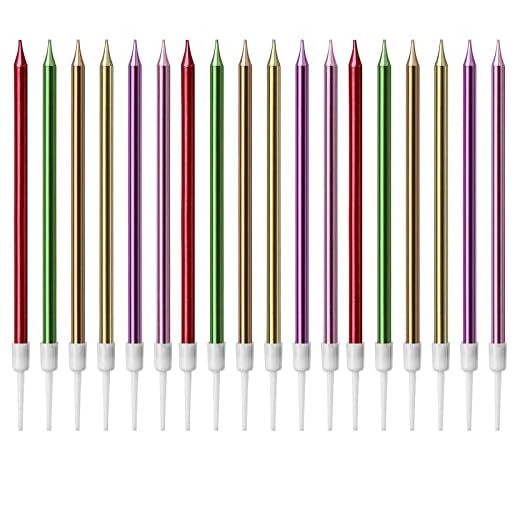 Velas de Tarta de Cumpleaños,24 Piezas Velas Cumpleaños,Largas Velas de Cumpleaños con Soportes para Cupcakes para Decoración de Cumpleaños y Bodas-Colorido