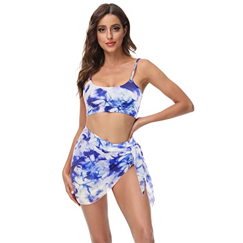 Kate Kasin Femmes Haute Détaillée Bikini Ensembles Cou 3 Pièces Maillot de Bain avec Court Sarong KKX010S21, Bleu fleur, XXL Cover