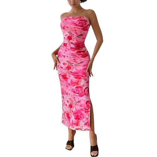 Image of Women's Tube Top Maxi Dresses Printed Tie Dye Strapless Bodycon Long Dress Split Side Sleeveless Party Elegant Outfits