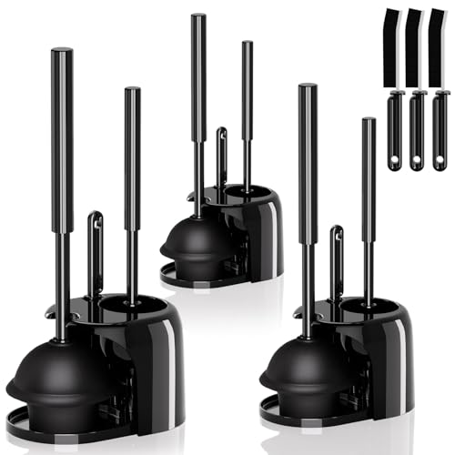 Image of 3PACK 3 in 1 Toilet Brush and Plunger Set with Crevice Cleaning Brush, Toilet Plunger and Brush Set with Extra Long Handle, Plungers for Bathroom Accessories, Toilet Plunger with Holder, Black