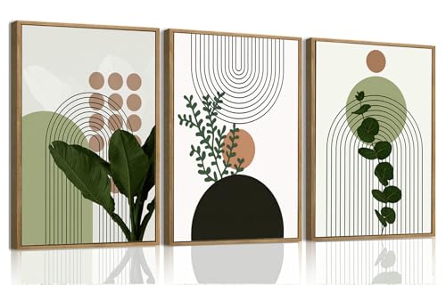 Bwodke Boho Wall Art, Framed Abstract Wall Art, Plant Canvas Wall Decor, Mid Century Line Leaf Geometric Pictures Set of 3, Minimalist Paintings, for Bedroom Living Room Bathroom 12"x16"