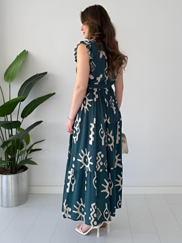 Image of KZULLY | Dress for Women | Feminine Cross Tie Long | Soft Frill Arm Detail Look | Stylish Allover Print Wear