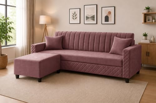 Image of 3 Seater Velvet Sofa with Ottoman | Modern Upholstered Couch | Quilted Design | Soft Comfortable Seating | Sturdy Wooden Frame | Living Room, Office - Rose Pink