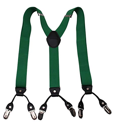 GHCHOL Suspenders for Mens with Strong Metal Clips Adjustable Elastic Y Style Leather Heavy Pants Suspender for Wedding&Party (Green 6 clip)