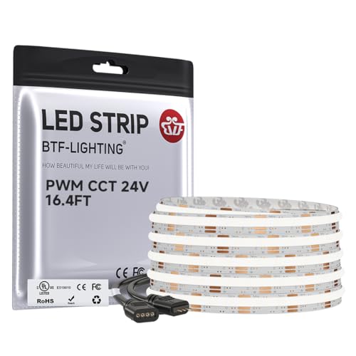 Image of BTF-LIGHTING COB FCOB Dimmable CCT LED Strip DC24V,UL Listed,16.4FT Tunable | 2700K-6500K,No Voltage Drop,8mm Wide,CRI 90+ Dotless Light,for Bedroom,DIY Lighting Decor(No Power Supply or Controller)