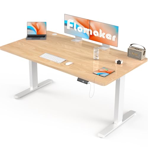 Flamaker Höhenverstellbarer Schreibtisch 160 x 80 cm, Elektrisch mit Tischplatte 2-Fach-Teleskop Stufenlos Groß, mit Memory-Steuerung, Spleißbrett, Beige-weiß