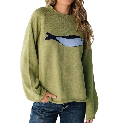 Women's Oversized Roll Neck Cute Animal Graphic Sweater Long Sleeve Chunky Knit Pullover Tops Casual Patterned Knitwear(Olive-Fish,L)