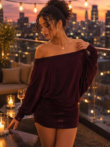 Image of Women's Off The Shoulder Dress Long Sleeve Batwing Mini Ruched Sheer Y2K Oversized Club Sexy Night Out Dresses