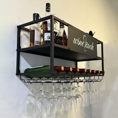 Casier à vin mural à LED en métal noir avec support pour verres - 7